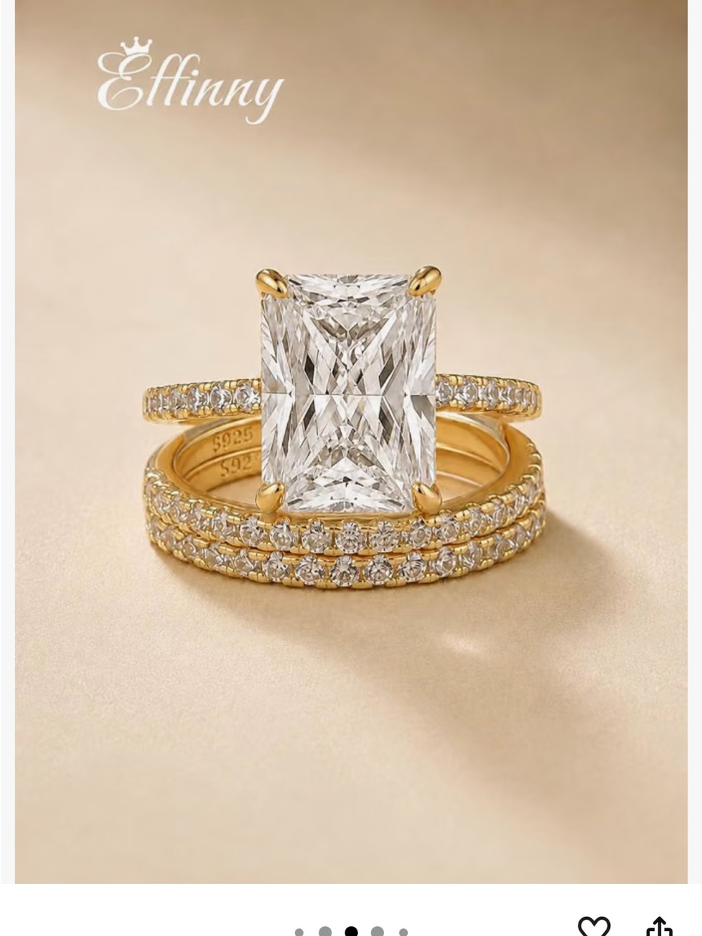 Effinny 925 Sterling Silver Stackable 4ct Radiant Cut Wedding Ring Set size 4.5